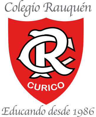Marca Colegio Rauquén Curicó: En la parte de arriba aparece la palabra Colegio Rauquén. En la parte del centro está el escudo con las letras C y R entrelazadas y la palabra Curicó. Abajo del escudo está la frase Educando desde 1986.